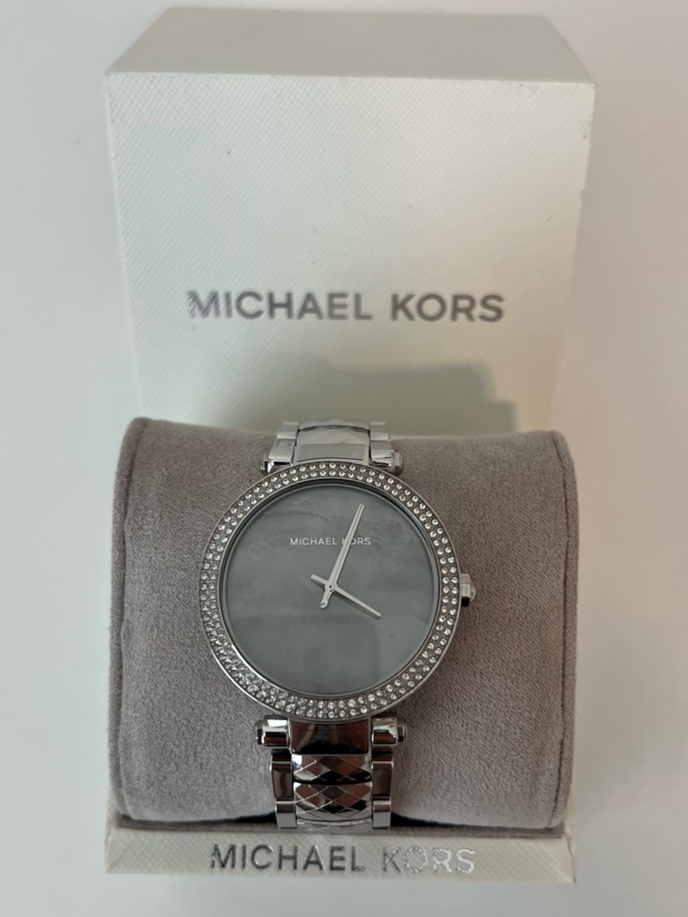 Michael Kors Women's Parker Silver Tone Watch Crystals Gray Pearl 39mm MK6424